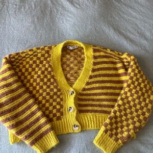 Zara Vibrant Yellow and Brown Knit Cardigan